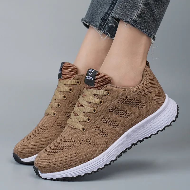 Plus Size Spring And Autumn Sneakers Women's Fly-kit Mesh Women's Shoes - Brown