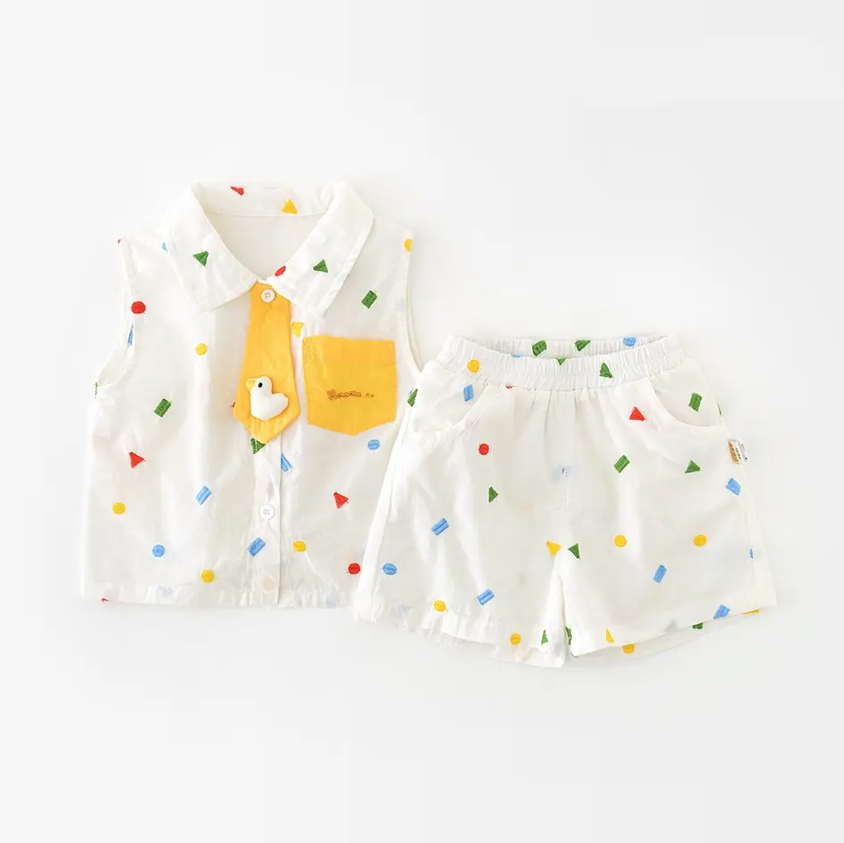 Summer Korean Style Full Embroidery Geometric Vest Suit