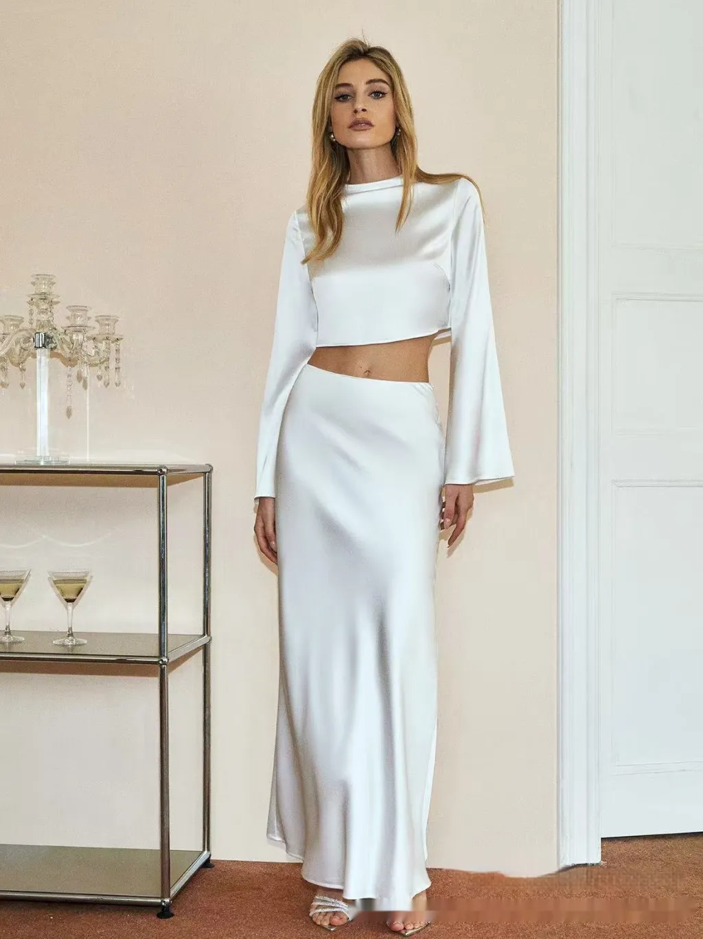 European And American Fashion High-grade Acetate Button Top Solid Color Suit Drape Skirt - White