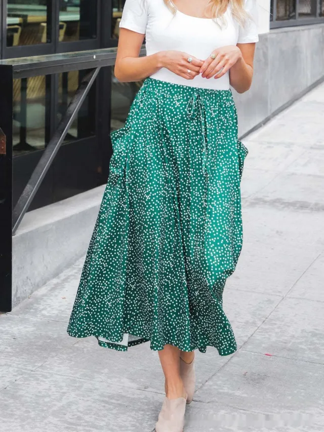 European And American Printed Elastic Summer Polka Dot Side Pocket Casual Skirt Green - Shop at LoveMi