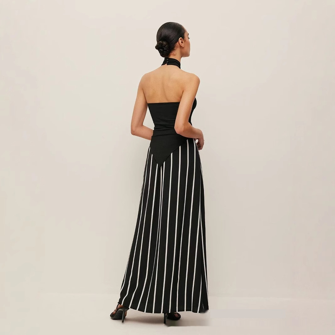 European And American Simple Halter Backless Sunken Stripe Knitted Top Striped Black And White High Waist Skirt For Women