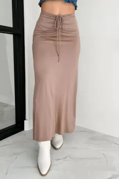 European And American Drawstring Stitching Su Pleated Solid Colour Women's Skirt - Camel - View 1