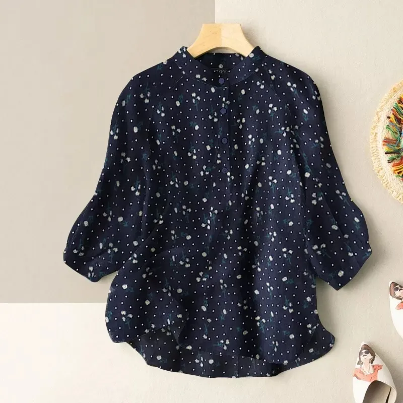 Women's Casual Loose Printed Shirt - Cotton And Linen Blue 1