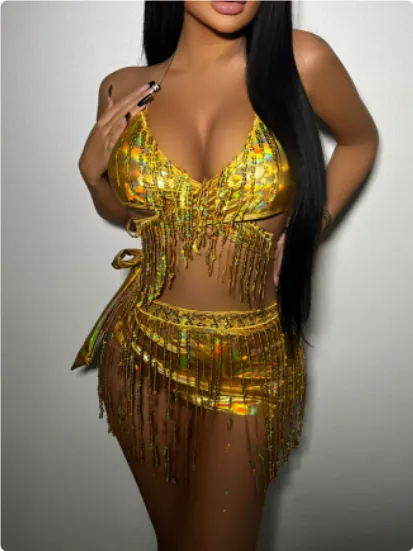 Fission Sexy Tassel Bikini Swimsuit Three-piece Female Cloth - Gold