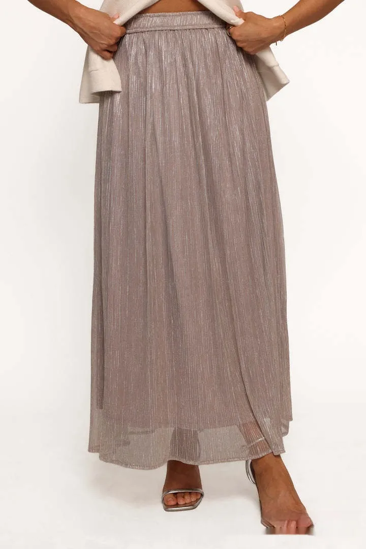 Solid Color Streamer Yarn Skirt Women's Summer High Waist Slimming A- Line Bright Silk Skirt French Style - Khaki