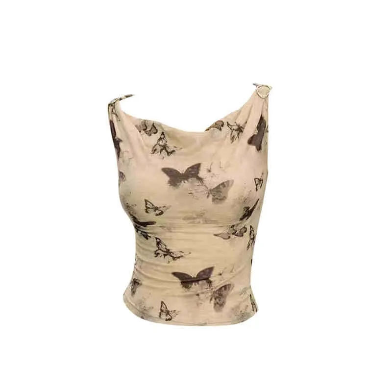 Retro Butterfly Print Camisole Women's Sleeveless Vest - Brown Butterfly Print
