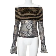 Women's Fashion Floral-print Off-shoulder Top - Brown - View 1