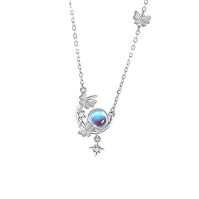 S925 Sterling Silver Moon Necklace Female Moonstone Moon Butterfly