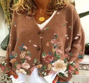 Women's Cardigan Sweater Artistic Retro Printing Colorful Flora Style A - Shop at LoveMi