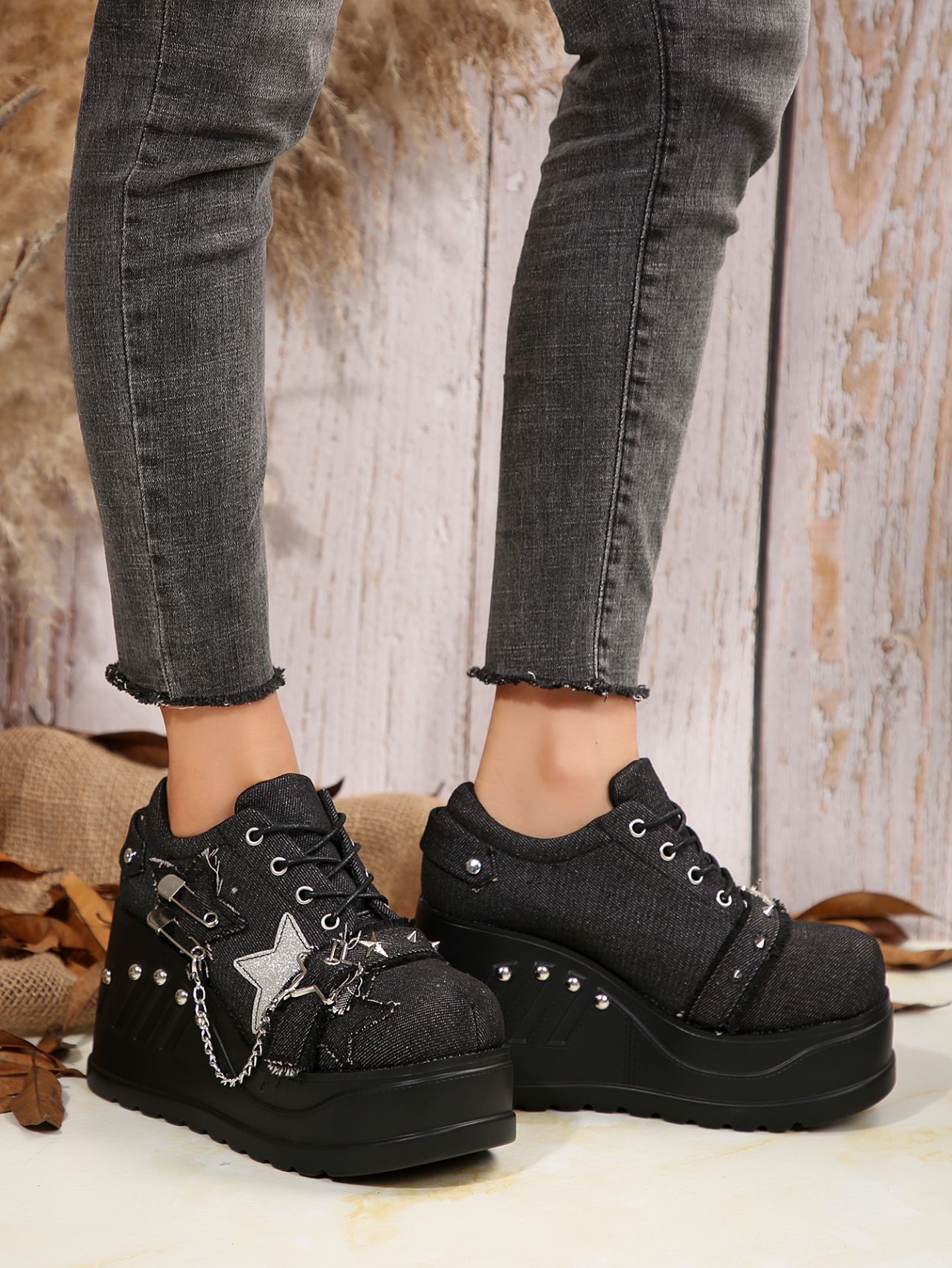 Black High Heel Sneakers Stars Safety Pins