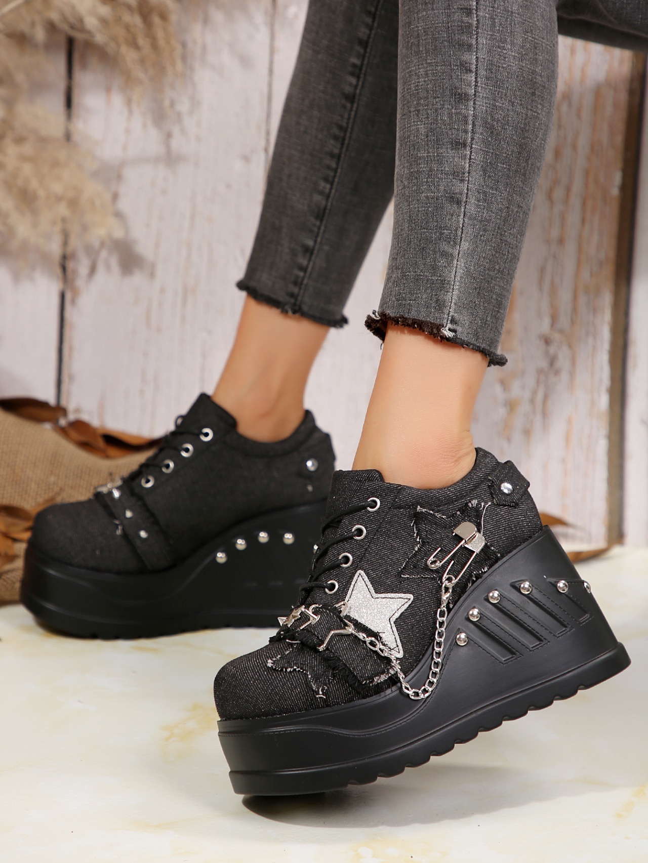 Black High Heel Sneakers Stars Safety Pins
