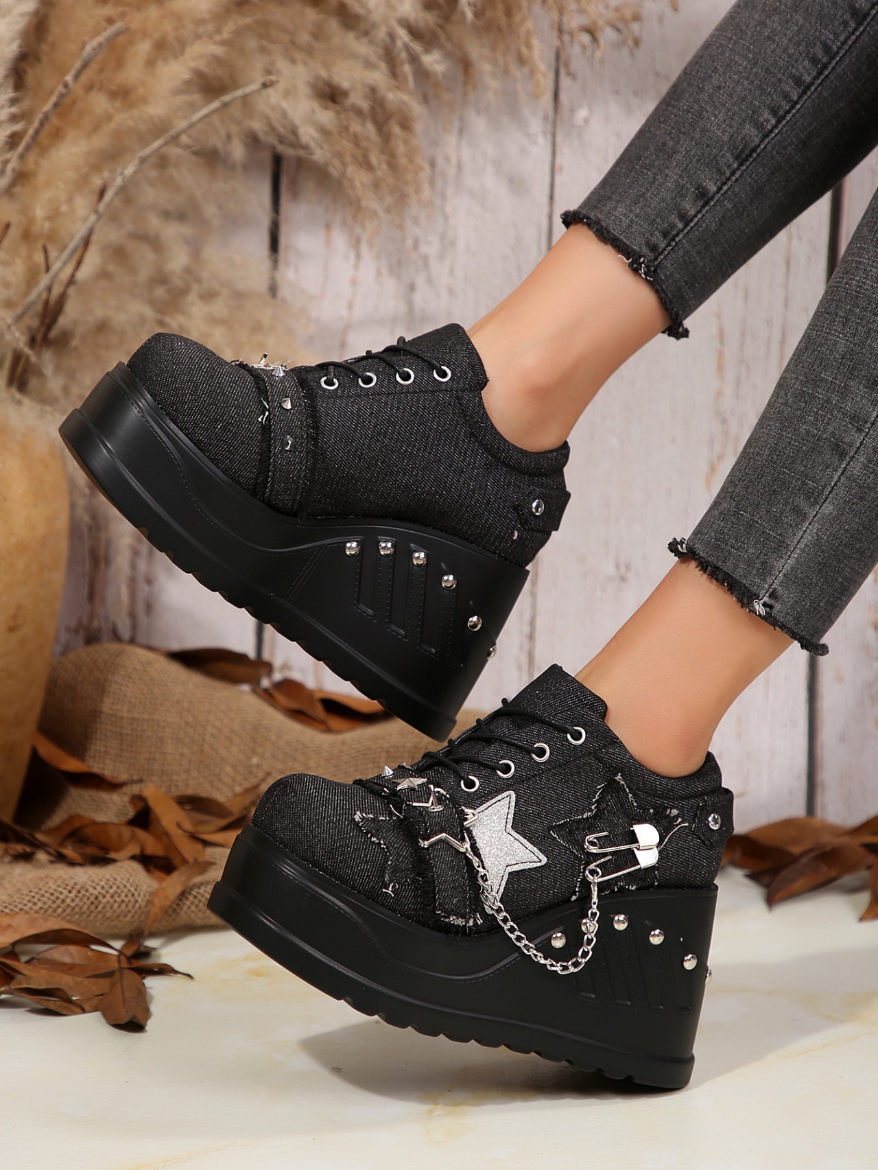 Black High Heel Sneakers Stars Safety Pins