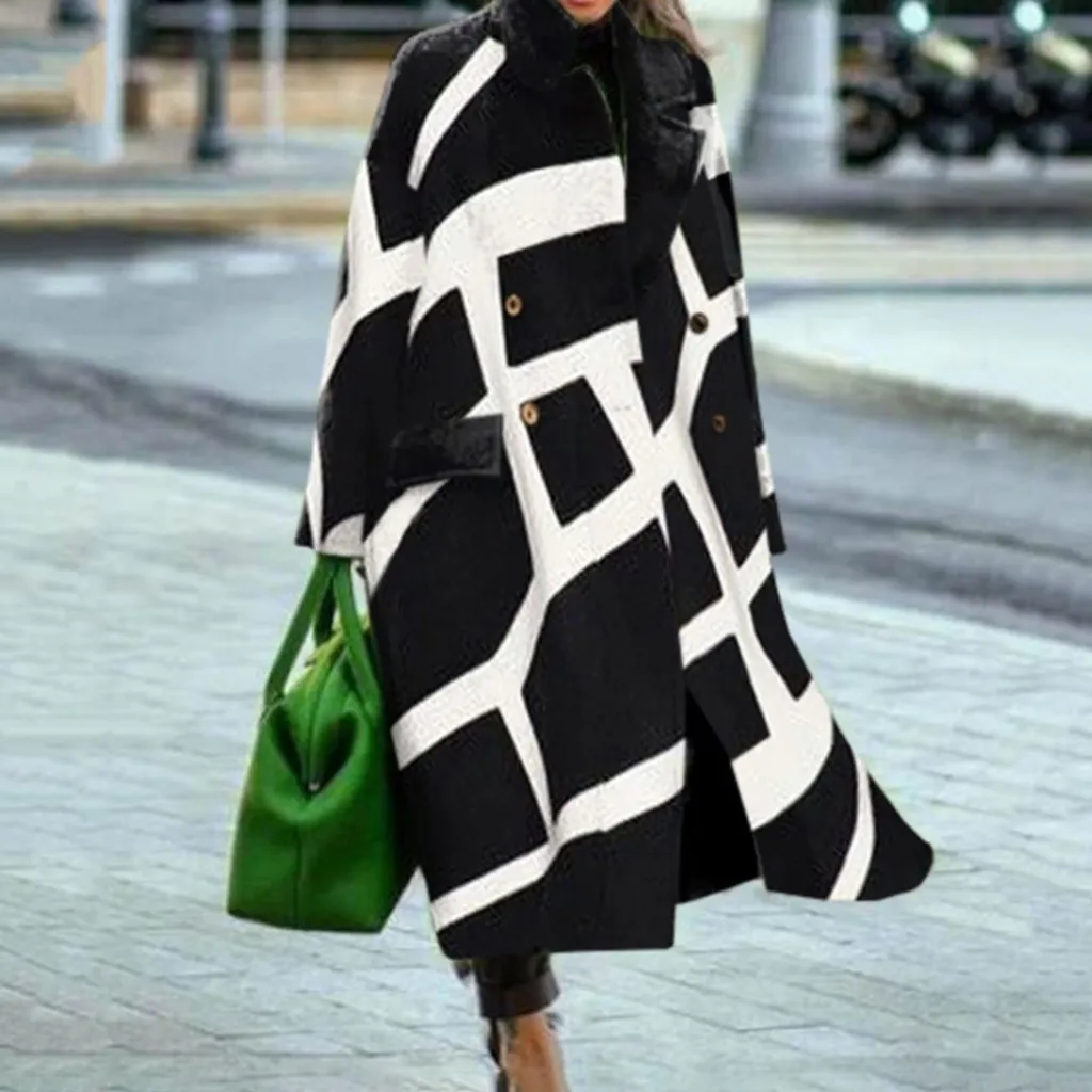 Women's Long Sleeve Turn-down Collar Coat Coat - Line Grid