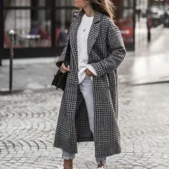 Women's Printed Dragon And Phoenix Woolen Coat - Black Plaid - View 1