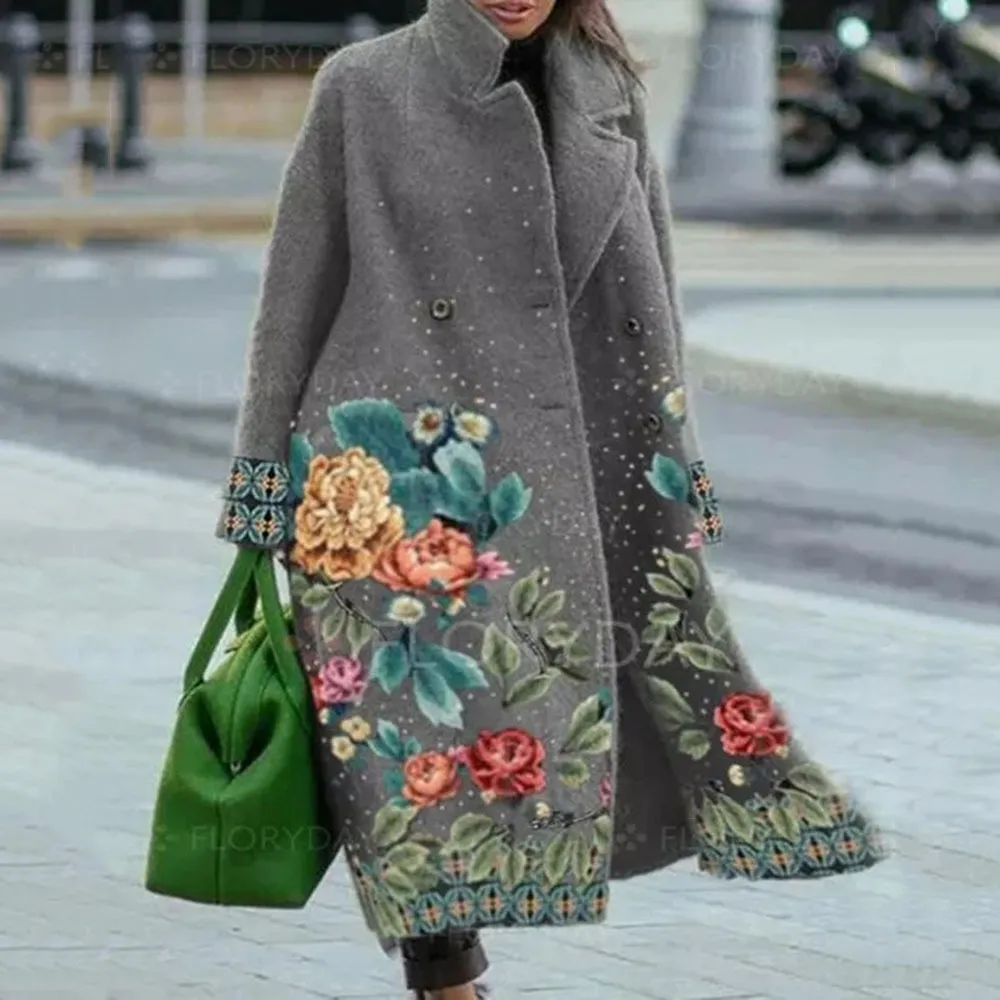 Women's Long Sleeve Turn-down Collar Coat Coat - Gray Printing
