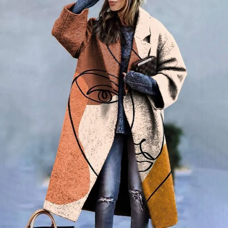 Women's Printed Dragon And Phoenix Woolen Coat - Figure 58-4Xl