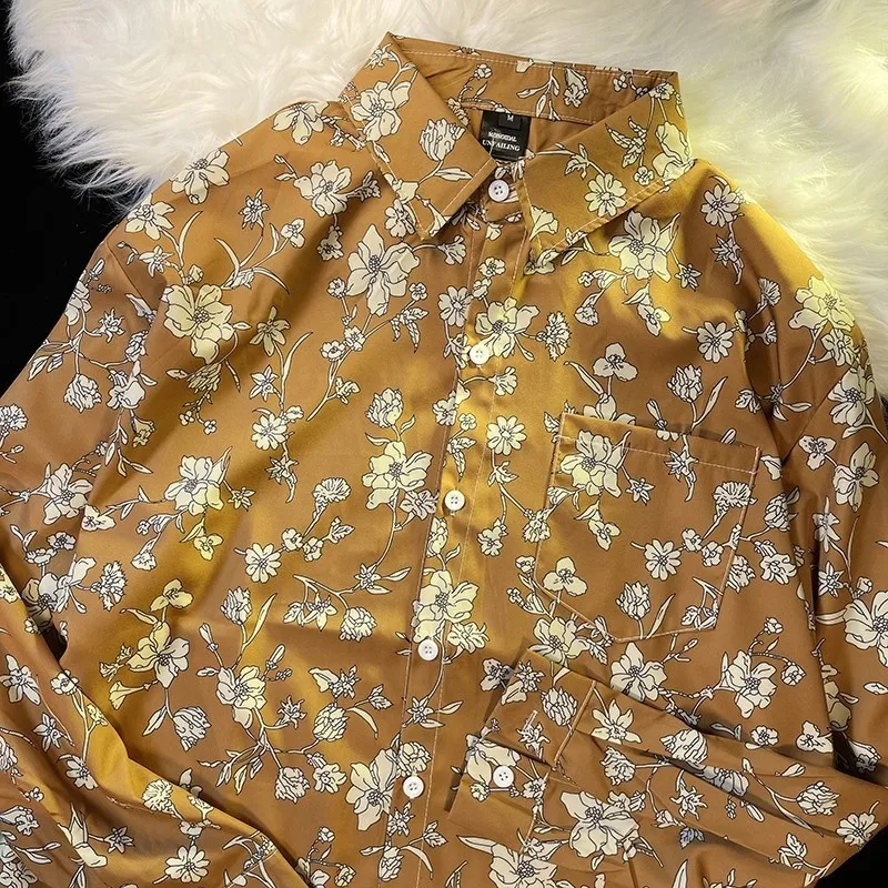 Style Printed Shirt Men's And Women's Loose Long Sleeves - Brown