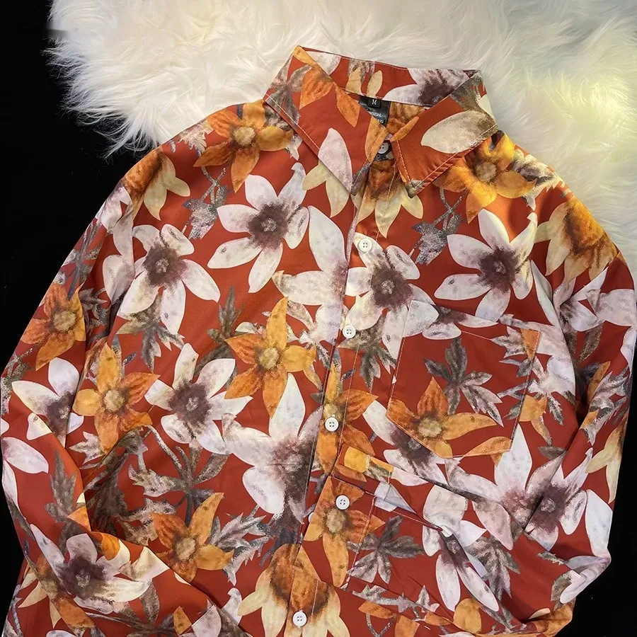 Style Printed Shirt Men's And Women's Loose Long Sleeves - 33077 Red