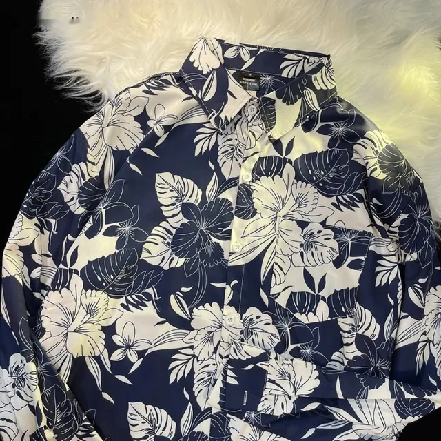 Pu Shuai Japanese style Retro Style Printed Shirt Long Sleeve 33008 Blue - Shop at LoveMi