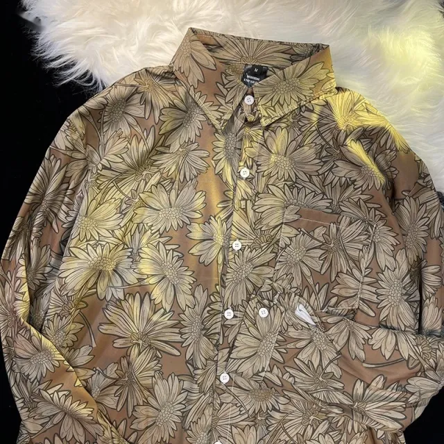 Pu Shuai Japanese style Retro Style Printed Shirt Long Sleeve 33032 Brown - Shop at LoveMi