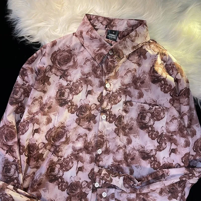 Style Printed Shirt Men's And Women's Loose Long Sleeves - Pink