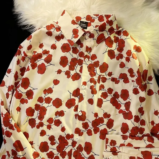 Style Printed Shirt Men's And Women's Loose Long Sleeves 33068 Apricot - Shop at LoveMi