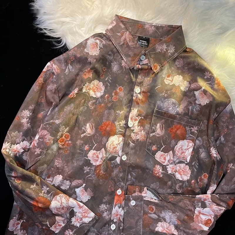 Pu Shuai Japanese-style Retro Style Printed Shirt Long Sleeve - 33031 Brown