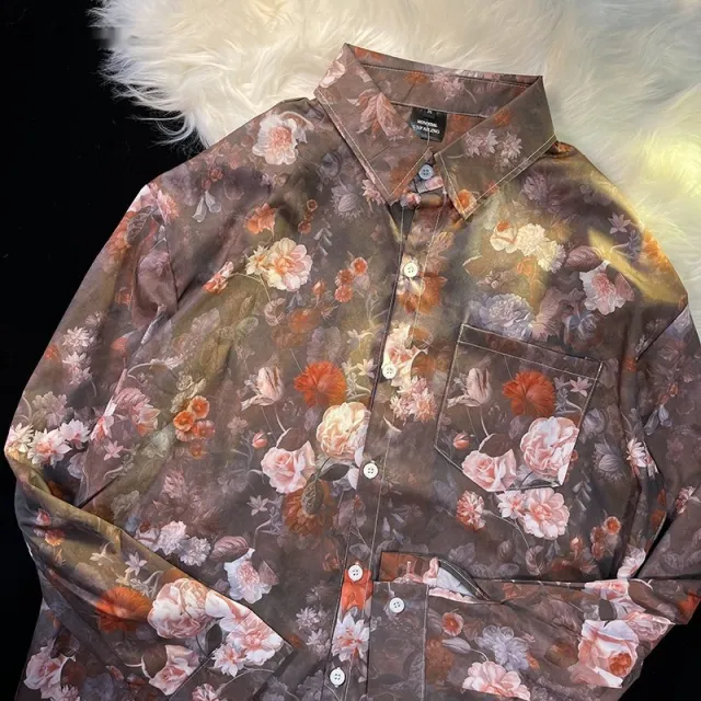 Pu Shuai Japanese style Retro Style Printed Shirt Long Sleeve 33031 Brown - Shop at LoveMi