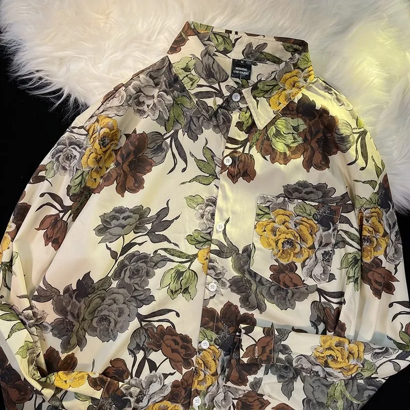 Pu Shuai Japanese-style Retro Style Printed Shirt Long Sleeve - Apricot