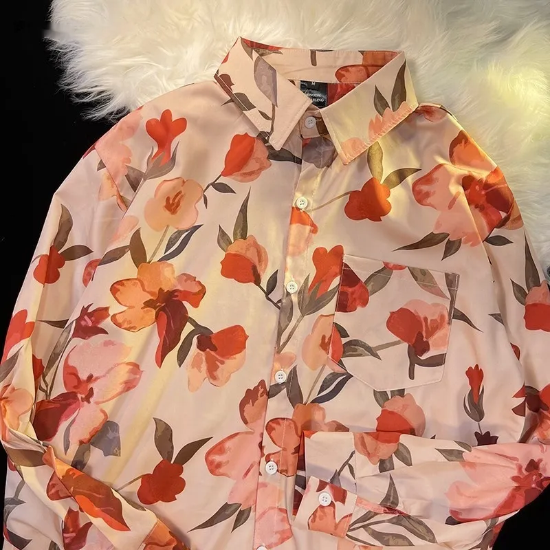 Style Printed Shirt Men's And Women's Loose Long Sleeves - Red