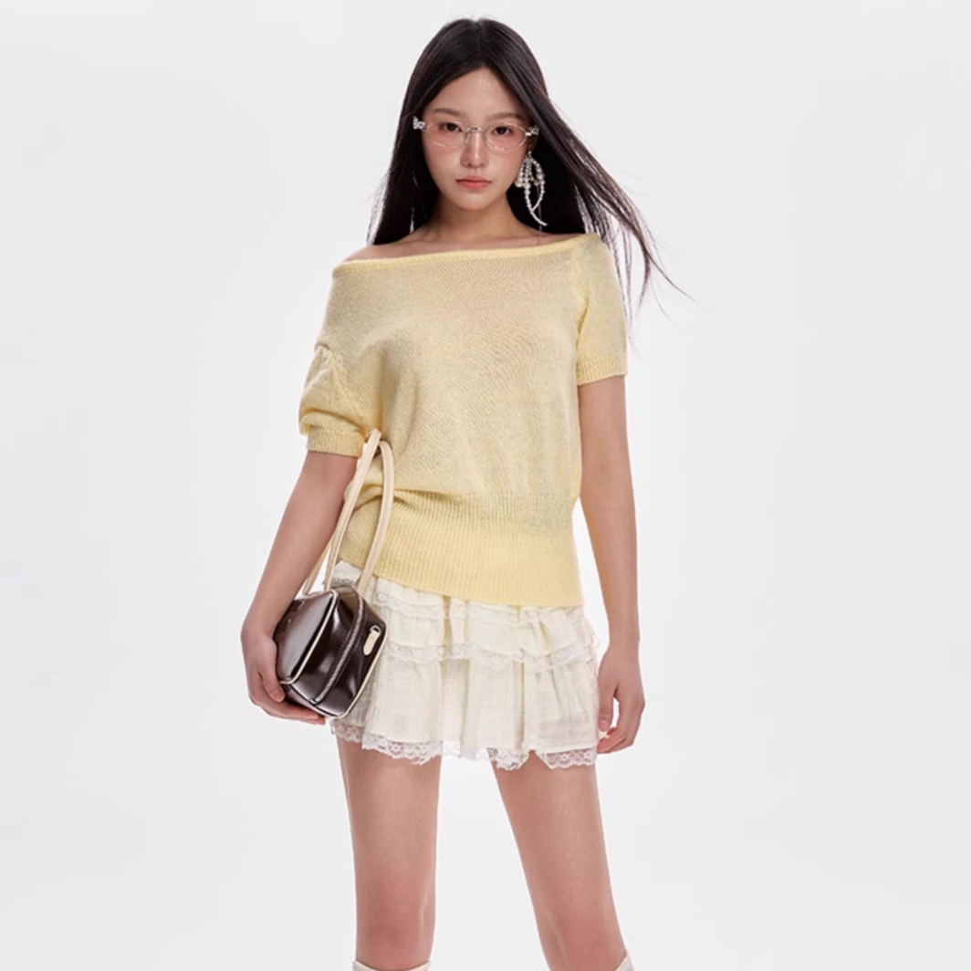 Women's Short-sleeved Knitted Off-shoulder T-shirt