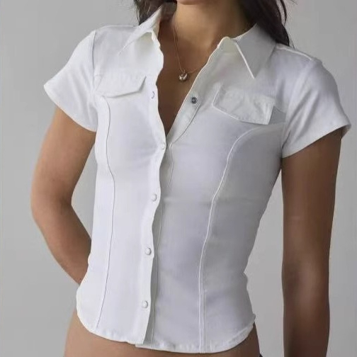 Retro Hot Girl Pleated Waist Tight Design Short-sleeved Shirt Top Women's Clothing