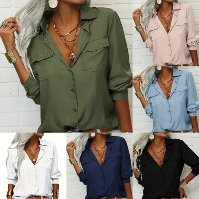 Women's Elegant Solid Chiffon Blouse Spring Summer Casual Long Sleeve V Neck Loose Shirt Office Lady Tunics Tops