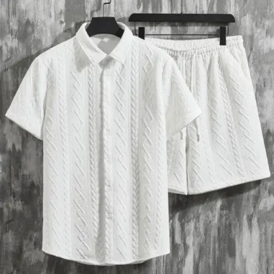 Men's Diamond Patterned Short Sleeved Shirt And Shorts Set