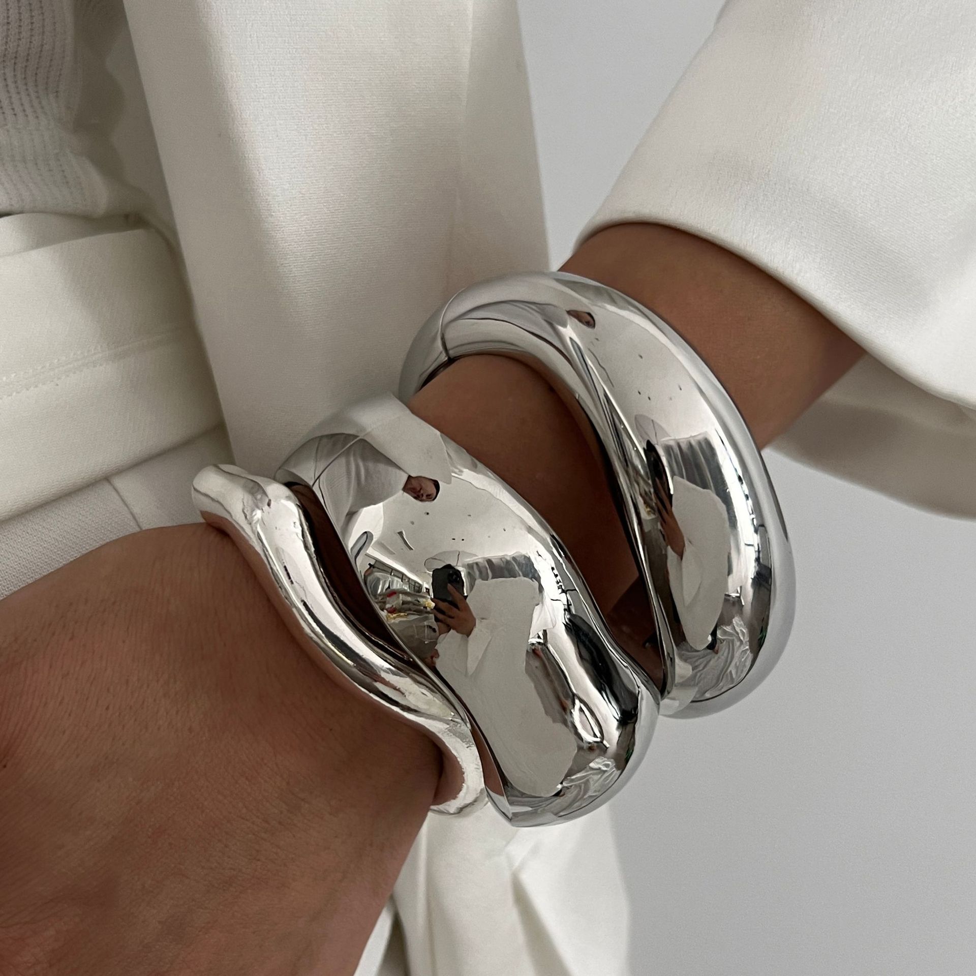 Glossy Heavy Industry Design Bracelet Geometric Personalized Wide Bracelet Silver 3Piece Set - Shop at LoveMi