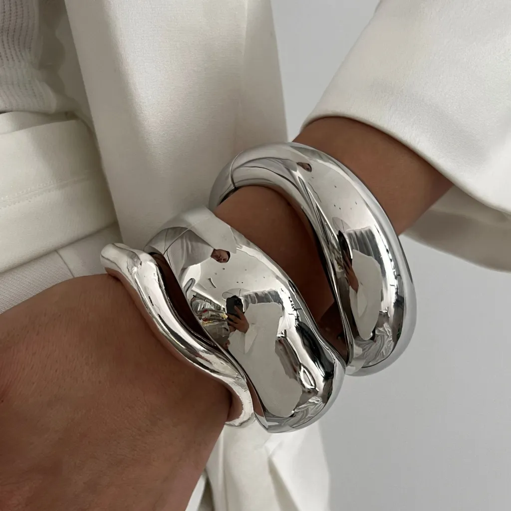 Glossy Heavy Industry Design Bracelet Geometric Personalized Wide Bracelet - Silver 3Piece Set