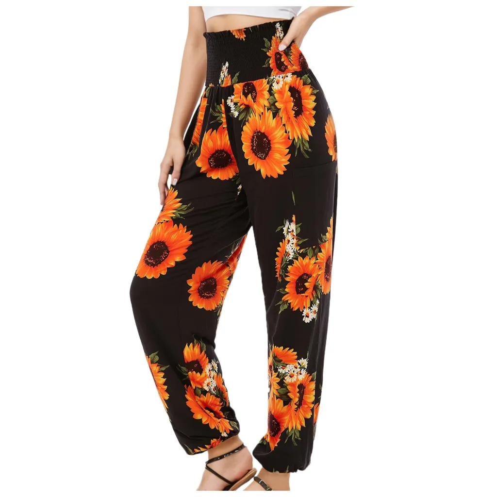 Women's Striped Digital Floral Print Casual Jumpsuit - Orange