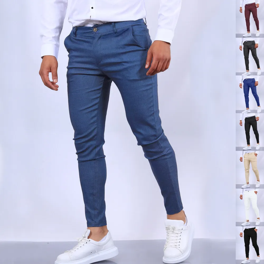 Men's Slim Button Trousers Fashion Solid Office Versatile Long