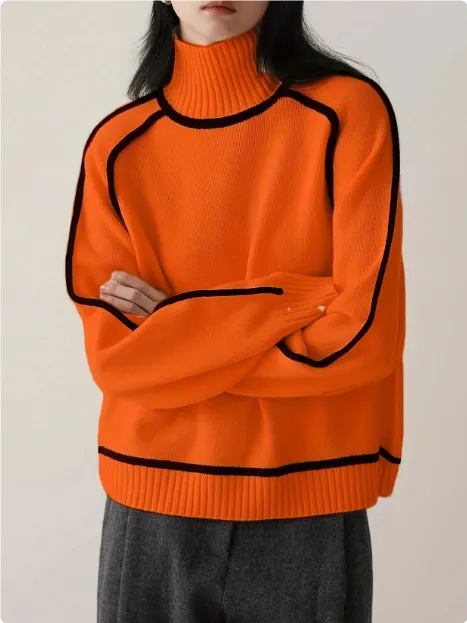 Autumn And Winter Half Turtleneck Three dimensional Casual Loose Pullover Knitted Sweater Fashion Knit Top Outerwear Orange - Shop at LoveMi