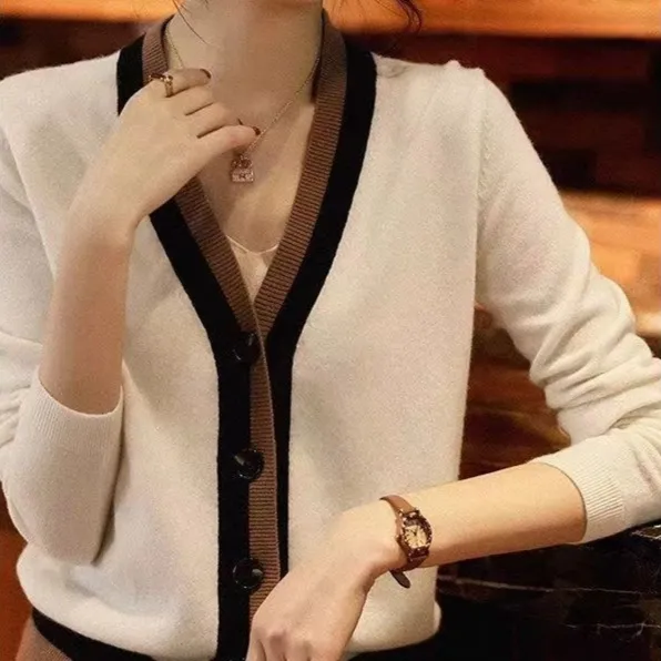 Color block V Neck Cardigan Knitted Women's Long sleeved Sweater Outer Tops - Shop at LoveMi