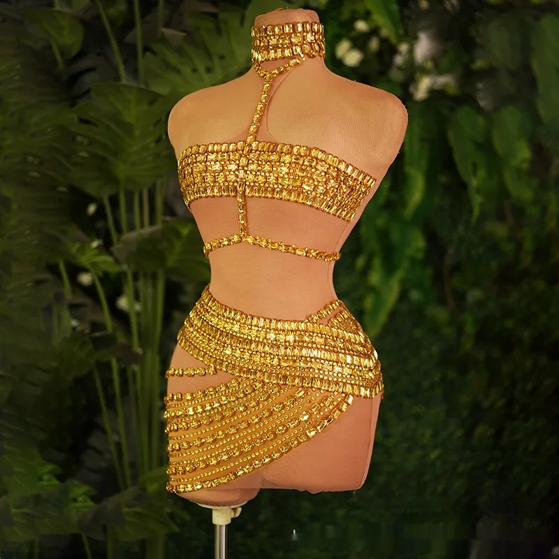 High-end And Fashionable Rhinestone Tube Top Short Skirt Top Vest - Gold