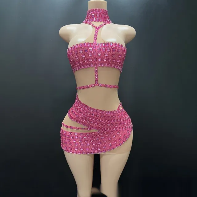 High end And Fashionable Rhinestone Tube Top Short Skirt Top Vest Rose Red - Shop at LoveMi