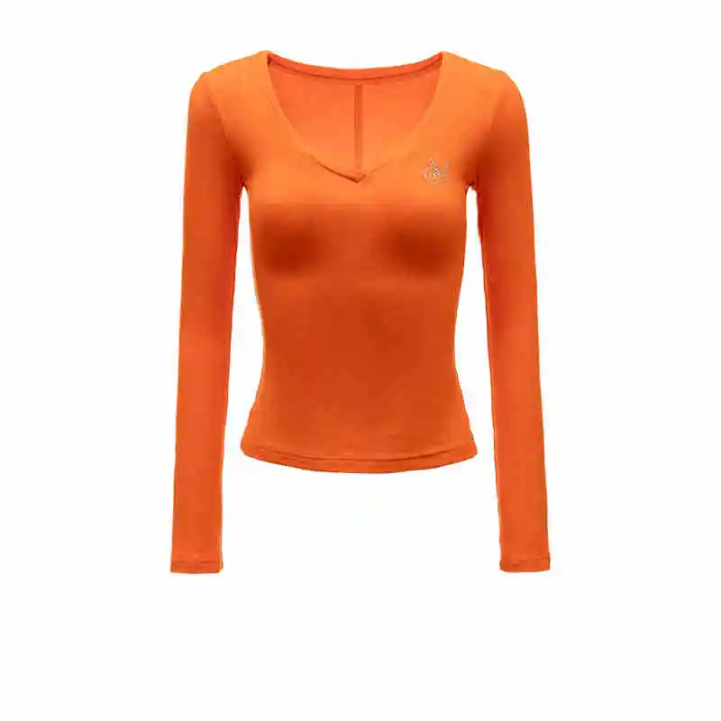 Knitted Rhinestone V-neck Bottoming Shirt Slim Fit Slimming Long Sleeves T-shirt - Orange