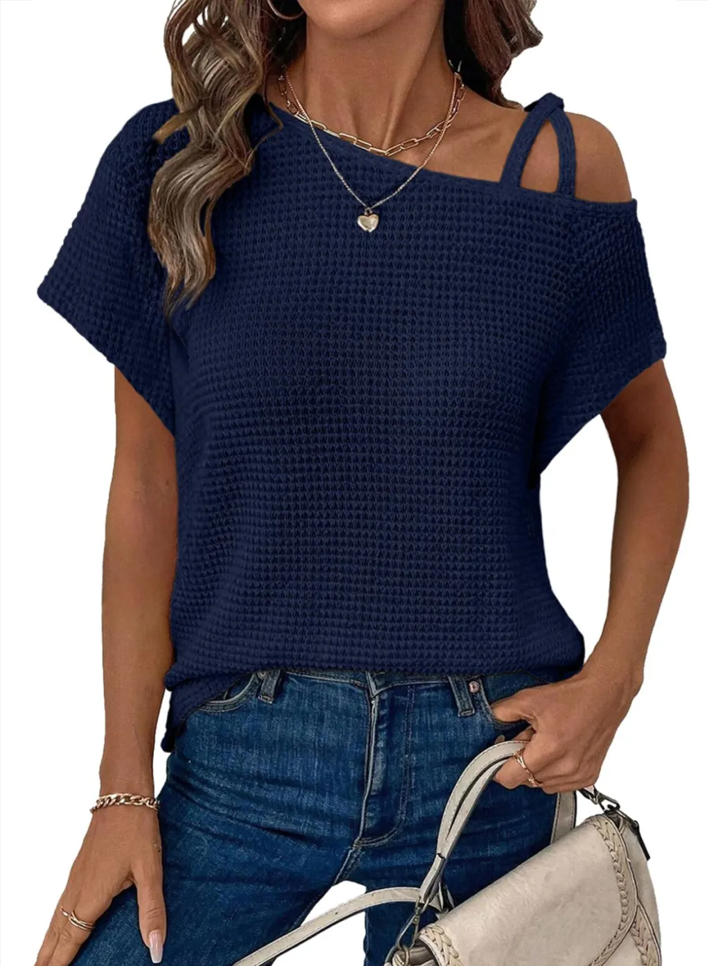Women's Short-sleeved Solid Color Top Fashionable All-match Off-shoulder Knitted T-shirt - Blue