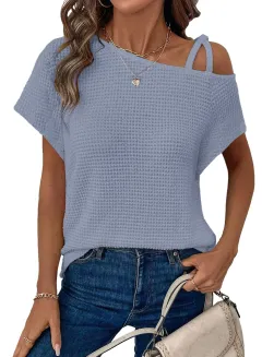 Women's Short-sleeved Solid Color Top Fashionable All-match Off-shoulder Knitted T-shirt - Sky Blue - View 1