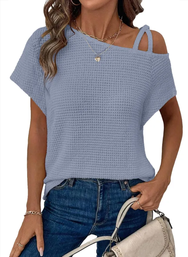 Women's Short sleeved Solid Color Top Fashionable All match Off shoulder Knitted T shirt Sky Blue - Shop at LoveMi