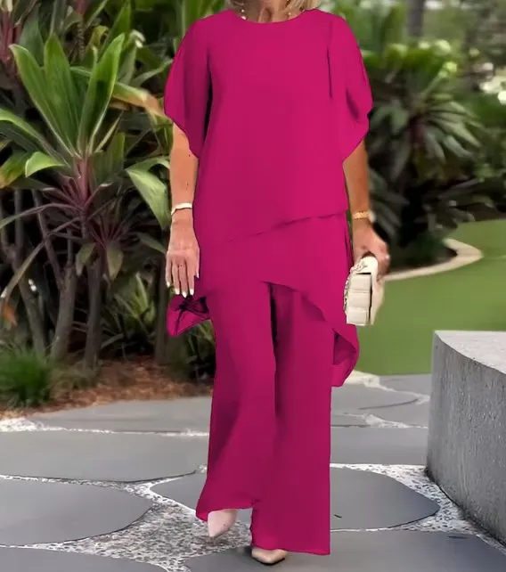 Chiffon Solid Color Loose And Irregular Suit Rose Red - Shop at LoveMi