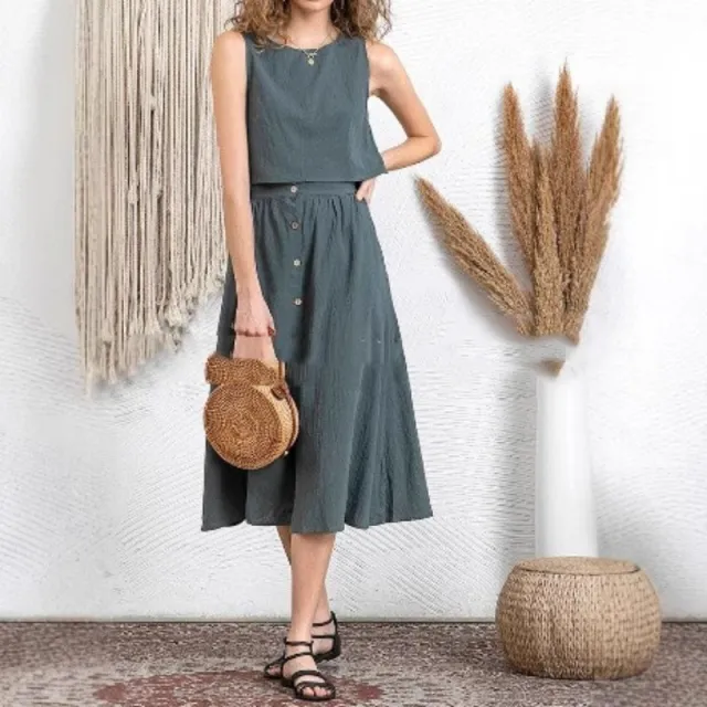 Casual And Comfortable Solid Color Suit Skirt Round Neck Design Blue - Shop at LoveMi