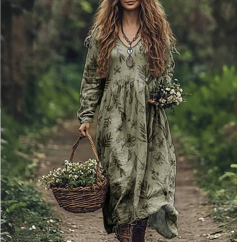 Vintage Printed V-neck Multi-color Long Sleeve Dress