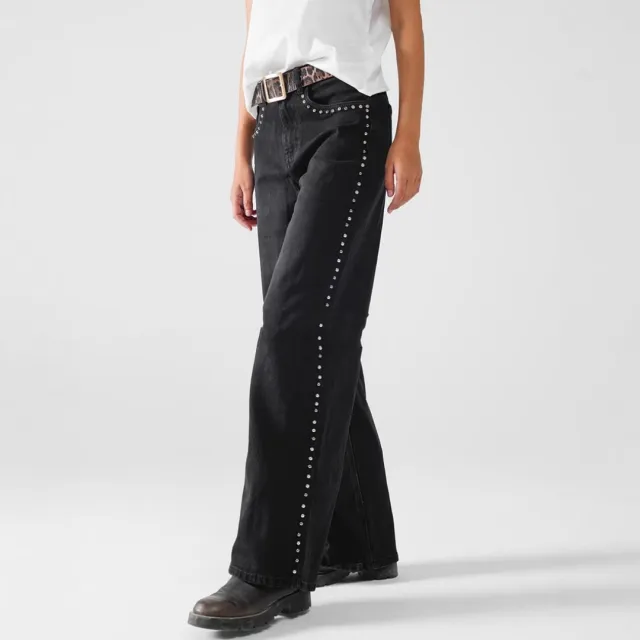 Women's European And American Fashion Rivet Wide leg Jeans Black - Shop at LoveMi